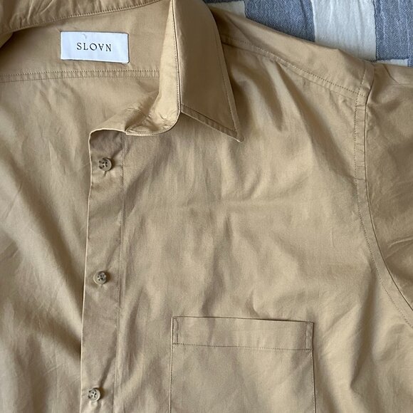 SLOAN O/S Oversized Crisp, Khaki Button-down Boyfriend Shirt - Picture 5 of 8
